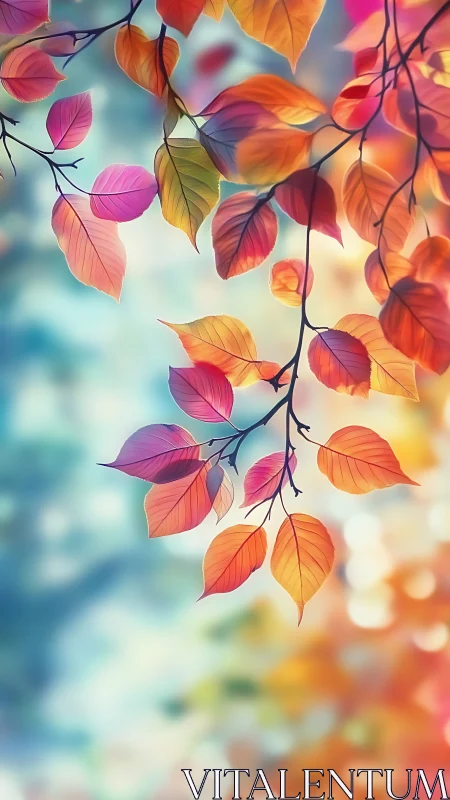Gentle autumn leaves glowing in soft dreamy color light.