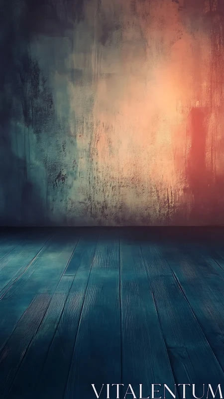 Textured studio backdrop merges teal floor with warm gradient wall
