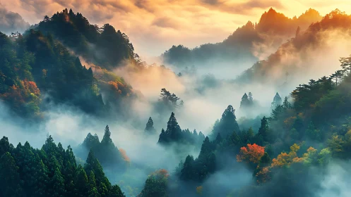 Misty Mountain Forest at Sunrise with Layered Peaks.
