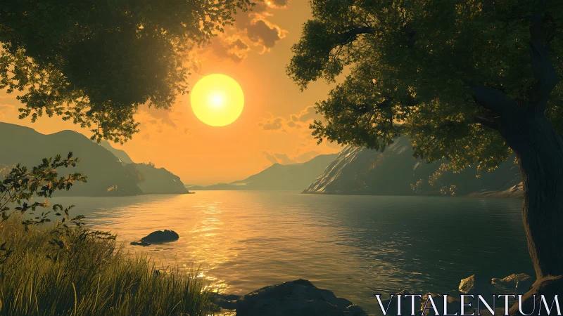 Golden sunset illuminates tranquil mountain lake shoreline