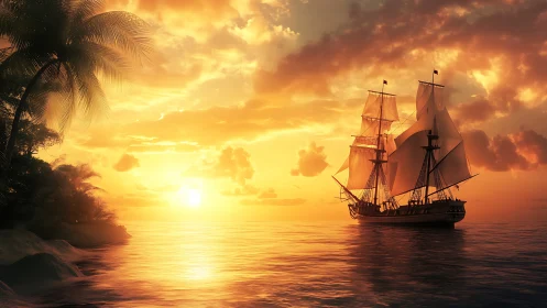 Tall ship under blazing tropical sunset near palm shore.
