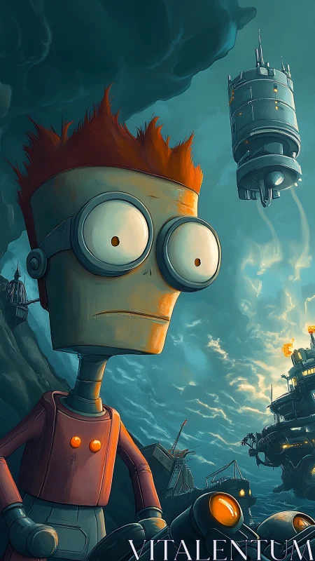 Wide-eyed robot surveys stormy industrial seascape in teal tones