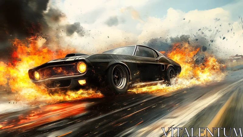 Muscle car drifts through fire with motion-blurred background