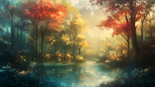 Luminescent Forest Corridor: Chromatic Gradient Landscape with Reflective Water.