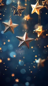 Golden star ornaments glow against deep blue bokeh night