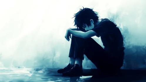 Solitary seated figure in blue monochrome environment.