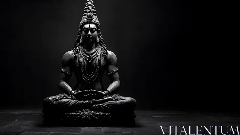 Shiva statue meditates in deep shadow and focused light.