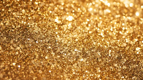 Gold glitter macro background with bright reflective bokeh.