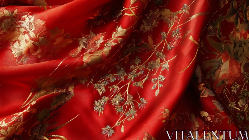 Ornate Red Fabric with Gold Embroidery and Floral Threads
