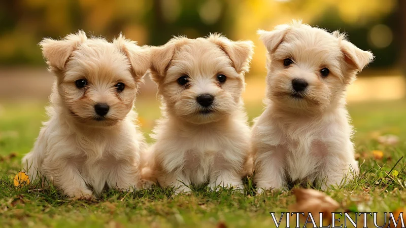 Three light-coated puppies sitting outdoors on grass lawn.