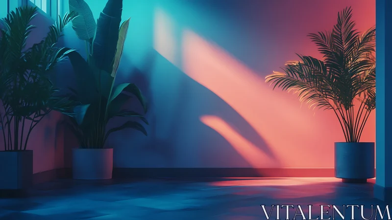 Tropical indoor plants under neon cyan and coral light.