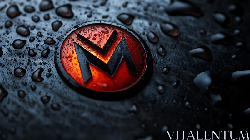 Molten red emblem glows through storm-dark metal rain.
