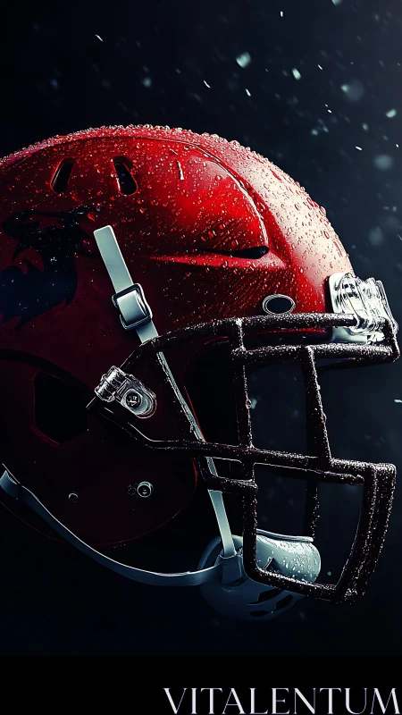 Red football helmet glistens under dramatic stadium rain