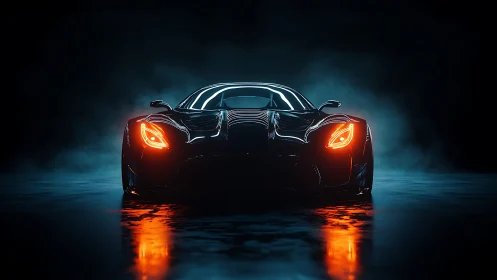 Sleek black sports car with neon headlights in dark studio.