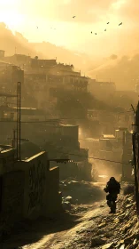 Sunlit hillside settlement with lone armored figure descending