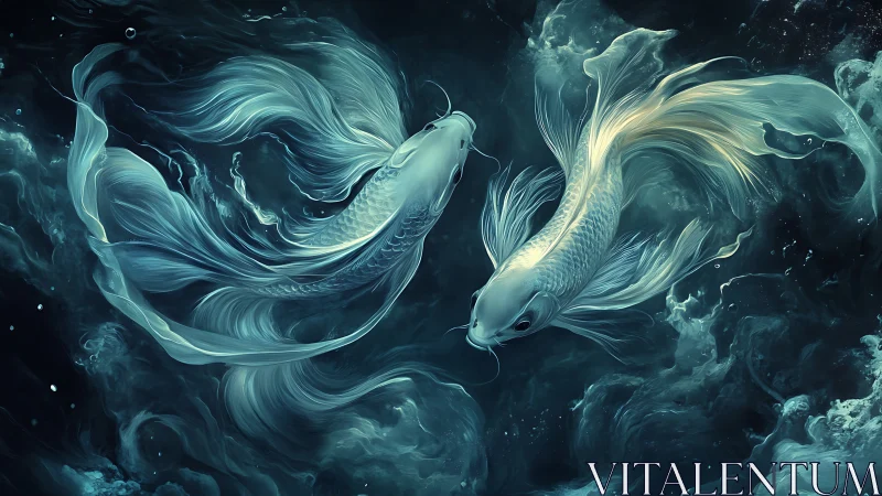 Twin pale fish in dark swirling aquatic environment.