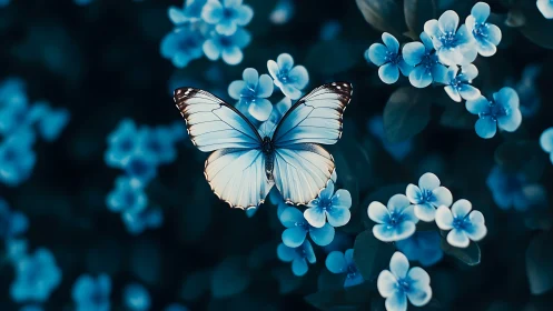 Pale blue butterfly rests over small blossoms in soft focus