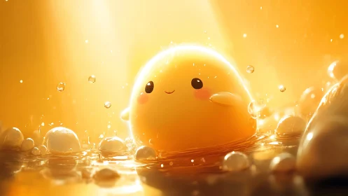 Backlit translucent blob character in warm golden liquid glow
