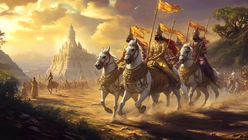 Royal cavalry charge toward golden temple city at sunset.
