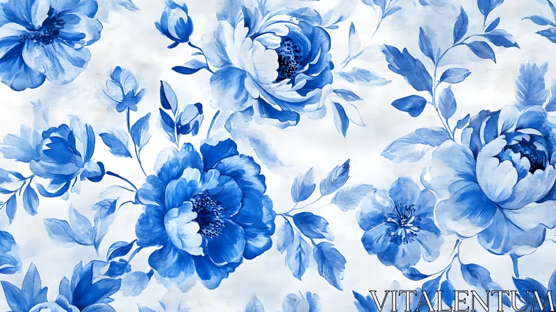 Blue Peony Floral Pattern. Watercolor Botanical Design.