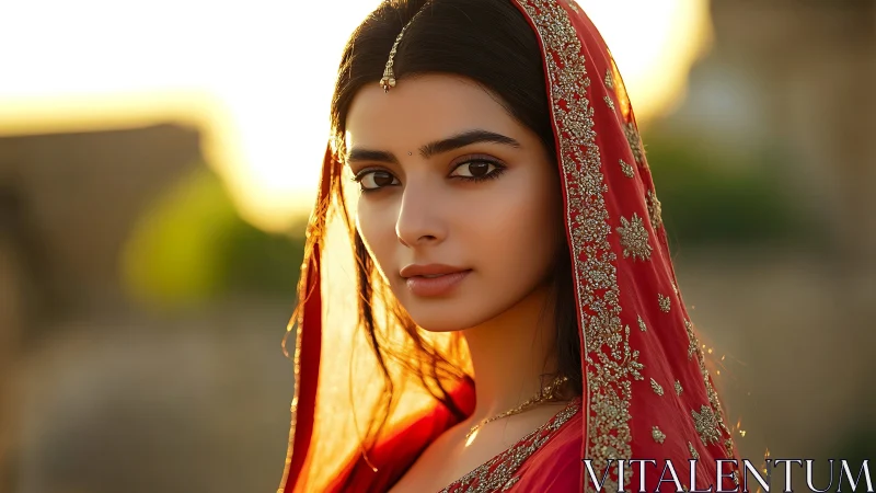 Sunlit bride in red sari with gentle, soulful gaze.