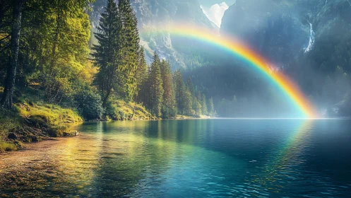 Gentle rainbow arches over a tranquil forest mountain lake