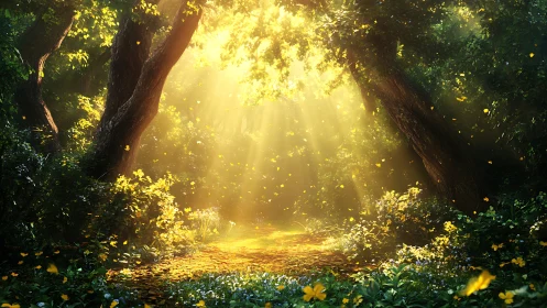 Sunlit forest path glows with warm, dreamlike enchantment