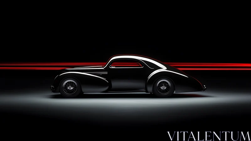 Streamlined black coupe with red light trails in motion.
