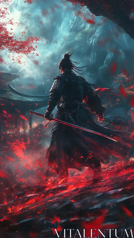 Armored samurai on ember-strewn slope under cyan storm sky