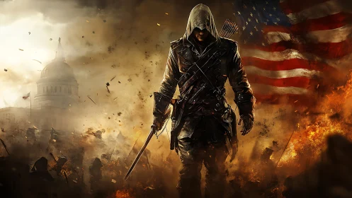 Hooded colonial warrior amid battlefield smoke and US flag