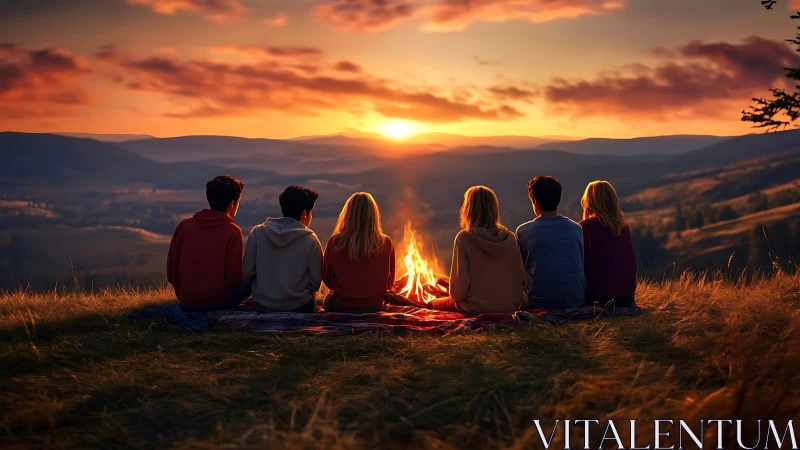 Backlit friends encircle a campfire against layered sunset hills