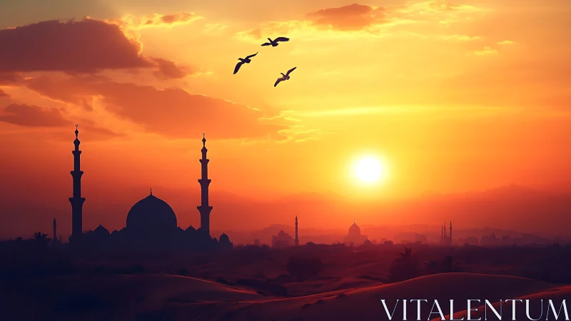 Desert mosque skyline under blazing crimson sunset glow.