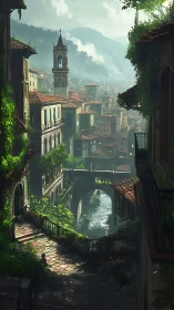 Sunlit terraced canal city with vegetated masonry and misted hills.