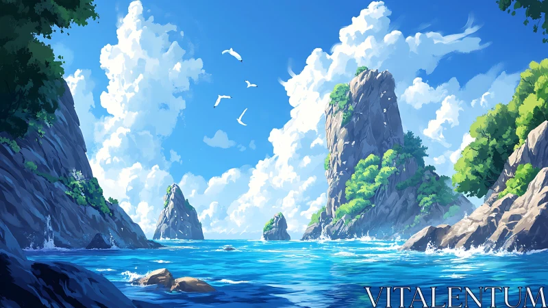 Coastal Serenity: Towering Sea Stacks Beneath Azure Skies.