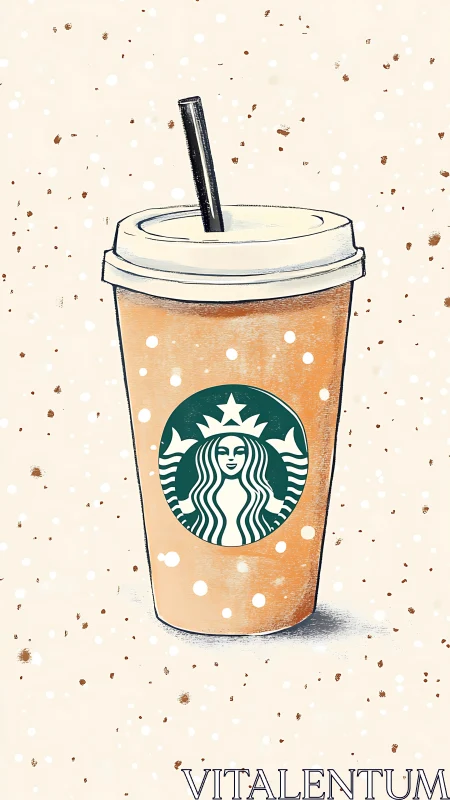 Illustrated paper coffee cup with straw on speckled background.