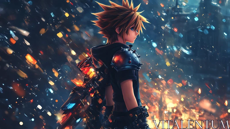 Spiky haired warrior stands amid glowing embers and sparks