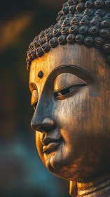 Gentle golden Buddha statue glows softly in evening light
