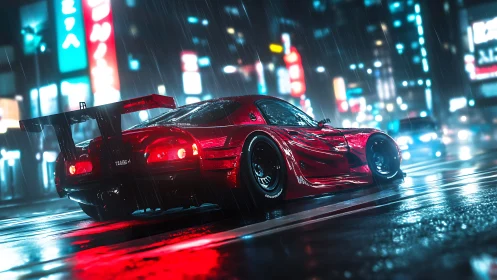 Sleek red street racer glows against neon city rain
