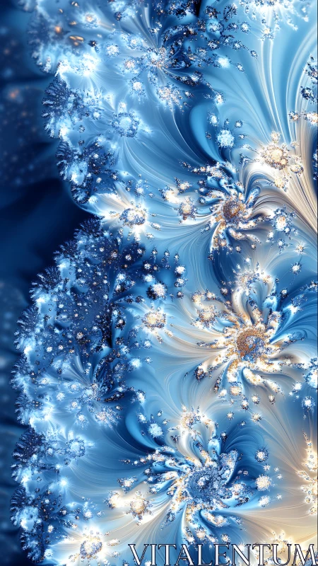 Fractal ice blooms swirl in luminous blue cosmic currents.
