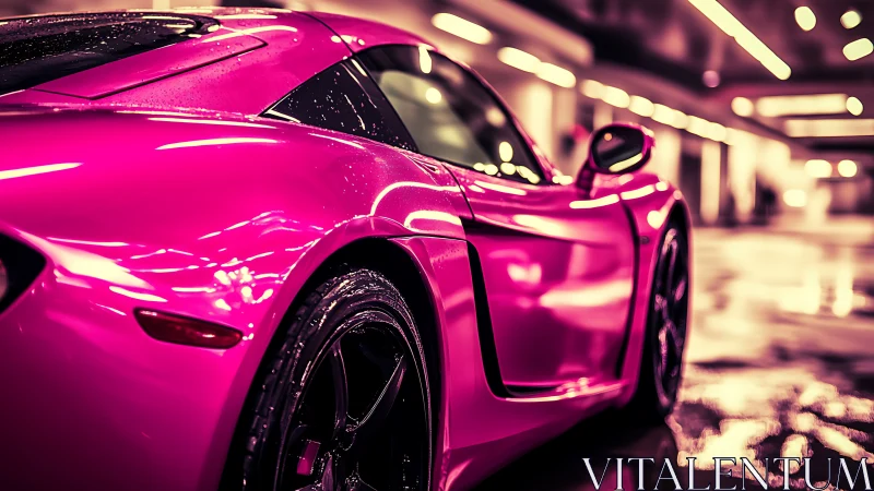 Magenta sports car in illuminated indoor parking area.