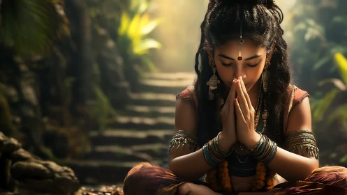 Photorealistic portrait of meditative girl in jungle sanctuary.