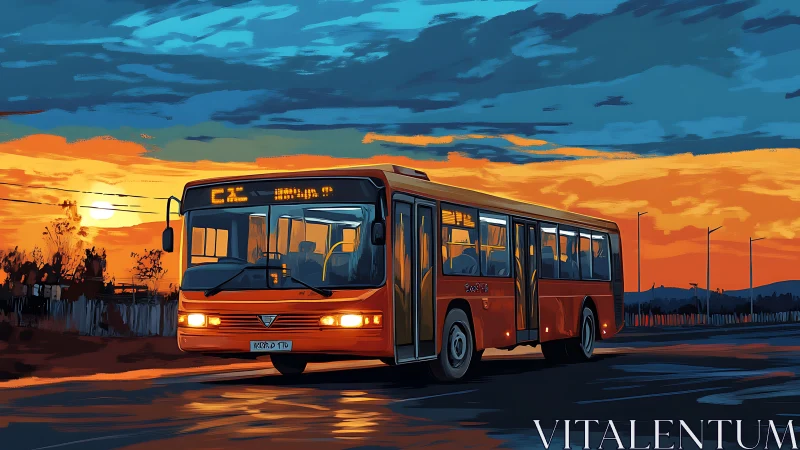 Red city bus moves along wet road at sunset