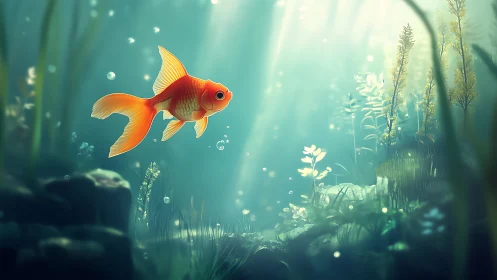 Goldfish drifts through sunlit aquatic forest scene.