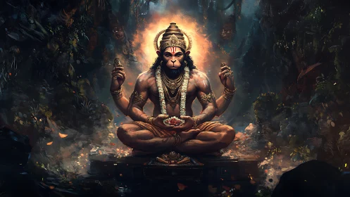 Radiant Hanuman meditates in a mystical forest sanctum