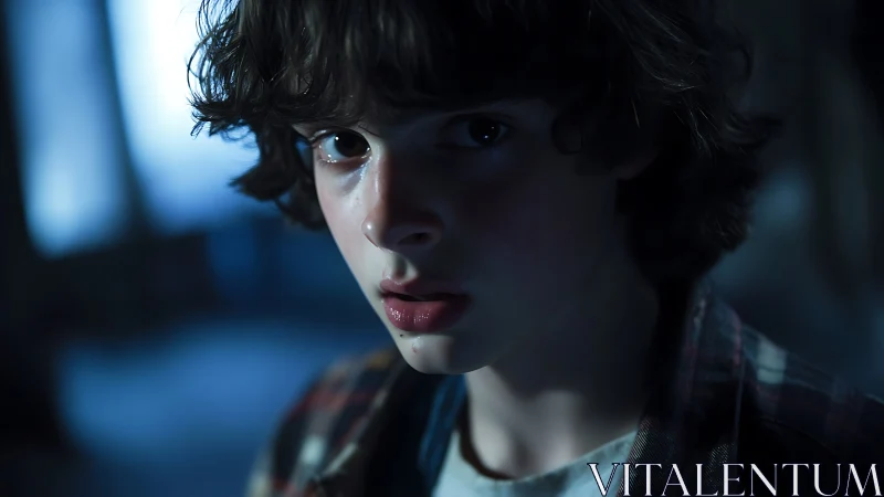 Dimly lit close-up portrait of curly haired teenage boy.