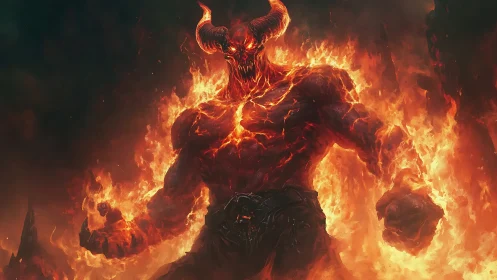 Infernal horned demon rises amid blazing volcanic fire.