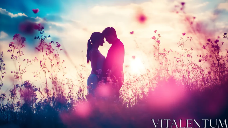 Silhouetted couple embrace in luminescent field with color gradation overlay