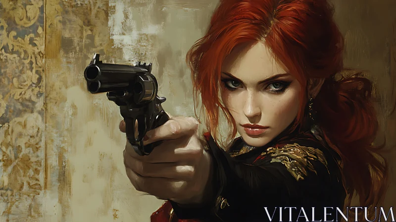 Red-haired pistol wielder locks intense gaze on viewer