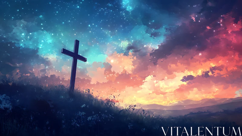 Lone hillside cross beneath radiant twilight nebula sky.