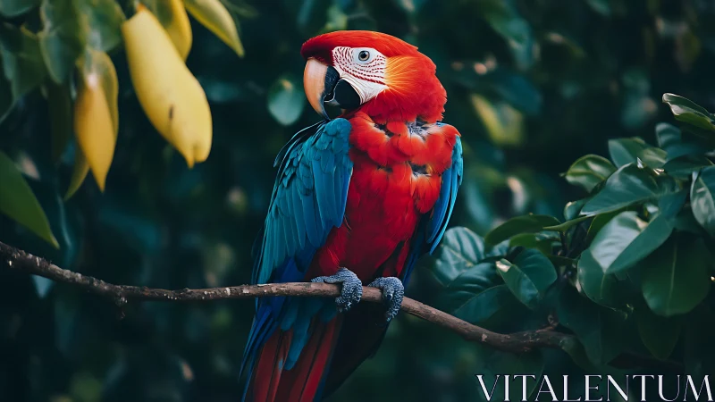 Vibrant Scarlet Macaw on Branch in Lush Tropical Jungle Setting.